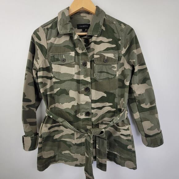 Talbots Jacket Womens Size XS Army Green Camo Utility Button Up Tie Belt Pockets - Picture 1 of 6